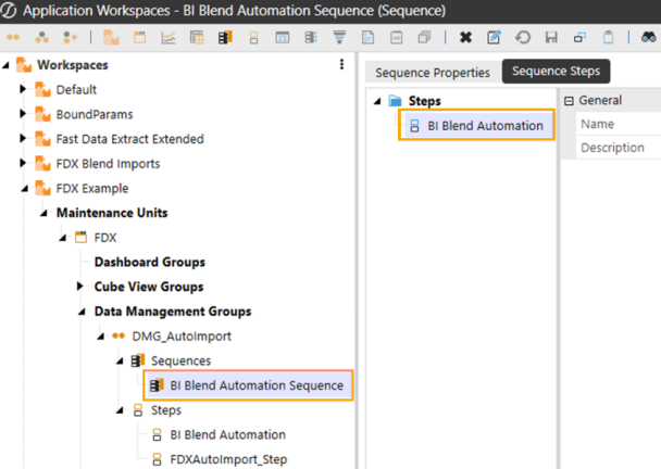 The data management sequence created is called BI Blend Automation Sequence and is outlined. In the Sequence Steps, tab, the step added is outlined
